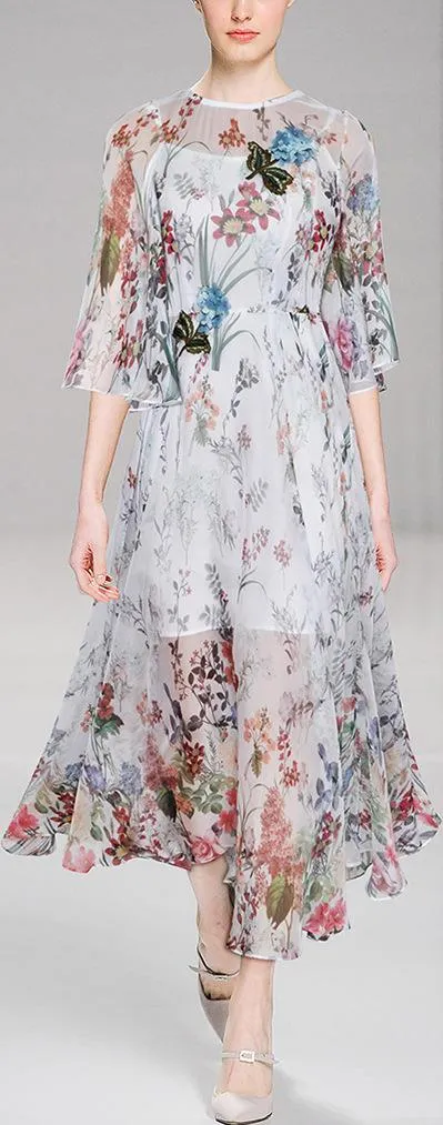 Floral Appliques Printed Chiffon Dress