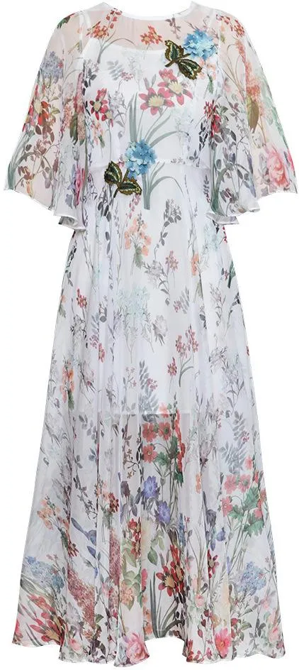 Floral Appliques Printed Chiffon Dress