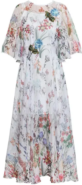 Floral Appliques Printed Chiffon Dress