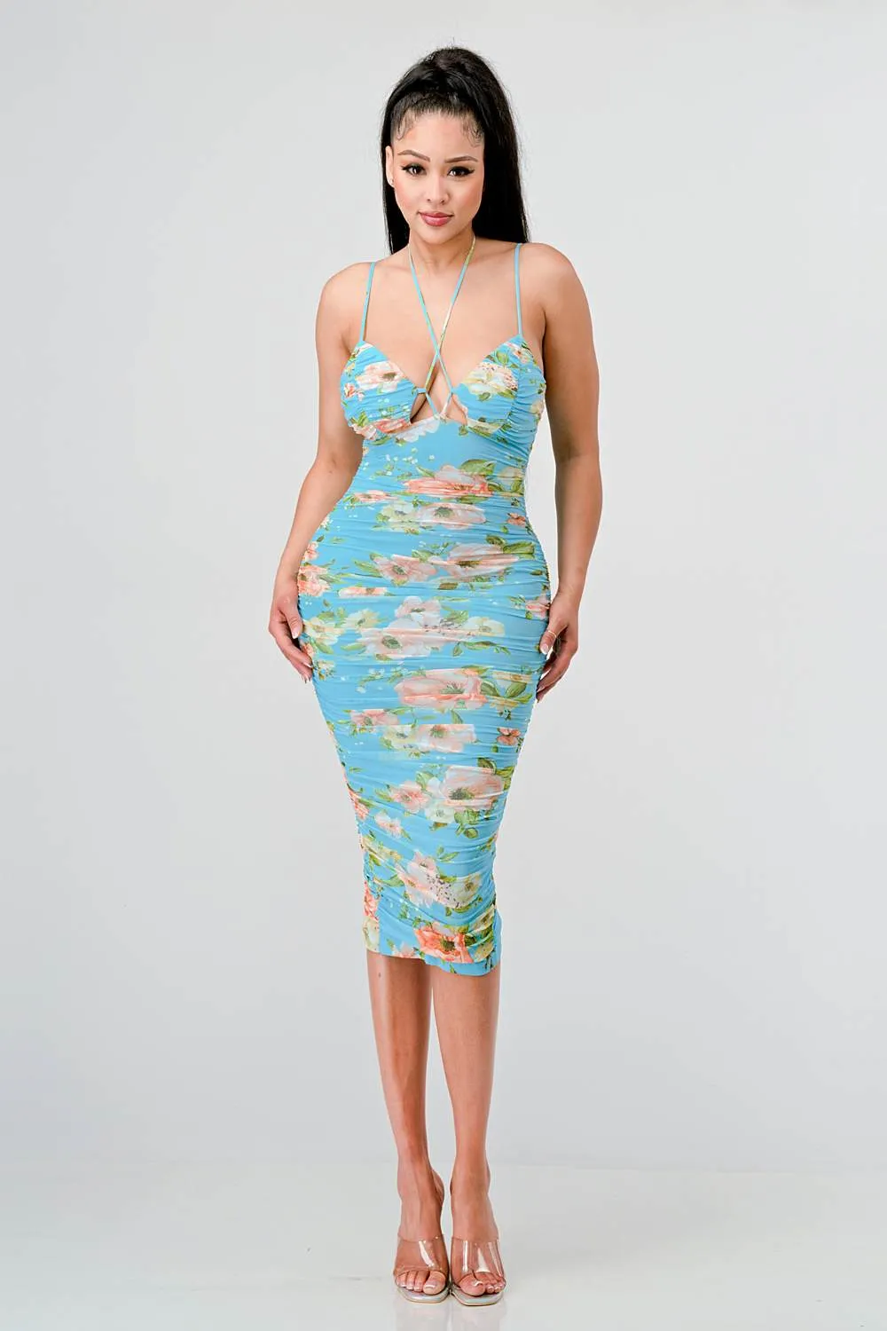 FLORAL MESH PRINT BACK SLIT RUCHED MIDI DRESS