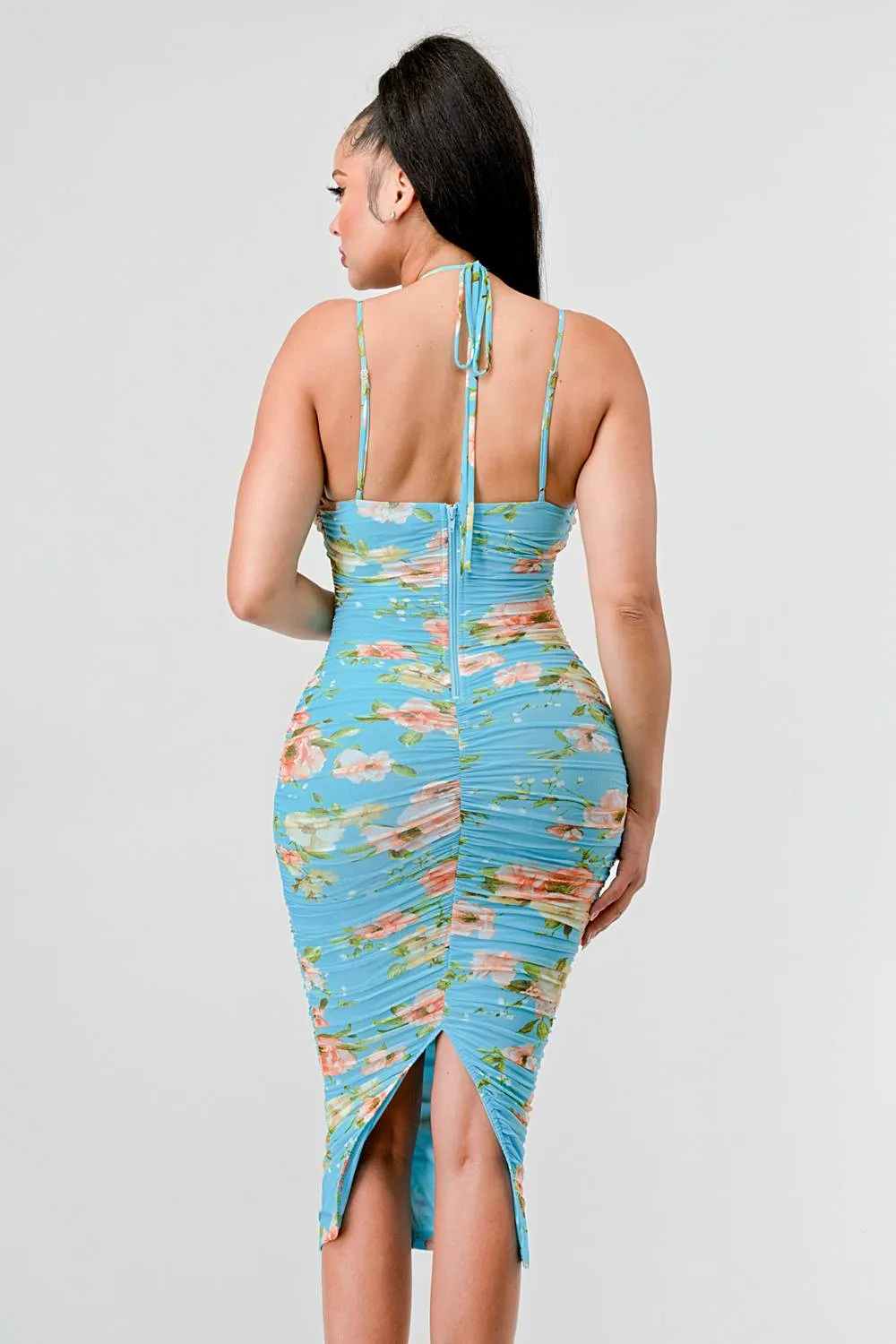 FLORAL MESH PRINT BACK SLIT RUCHED MIDI DRESS