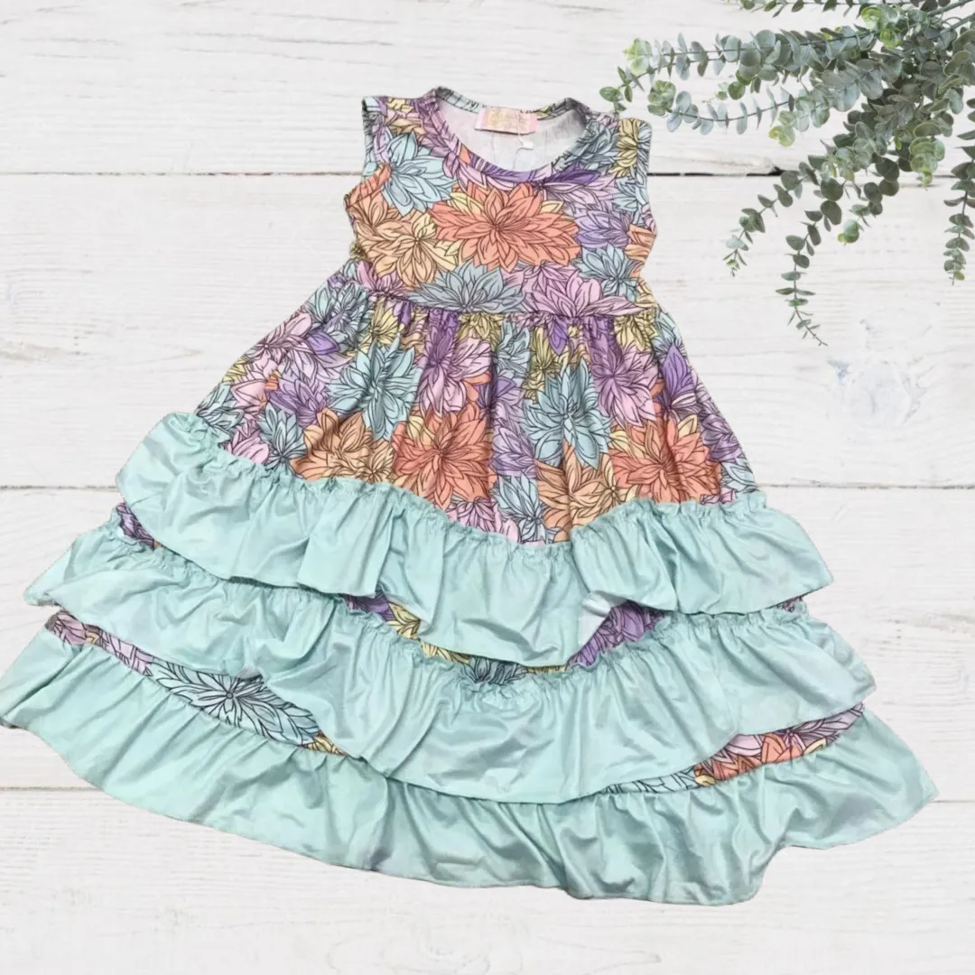 Girls Long Ruffle Dresses - Pastel Rainbow Floral