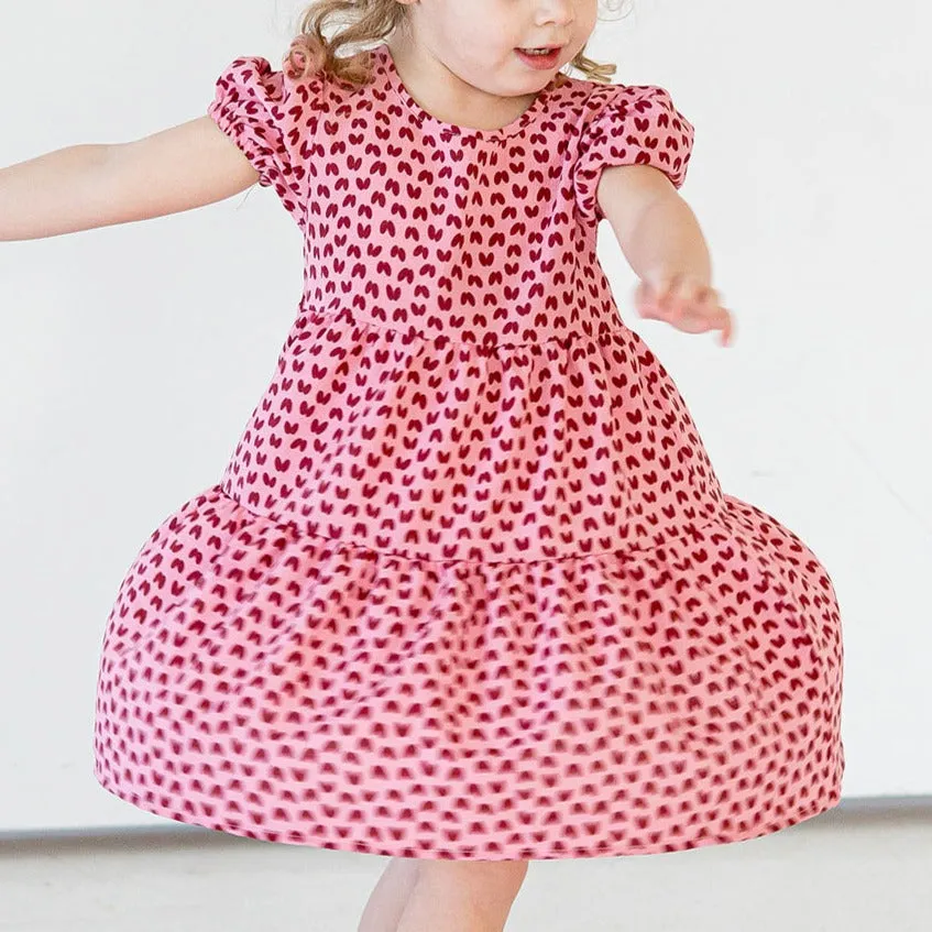 Girl's Pink and Dark Red Hearts Cotton Puff Sleeve Dress