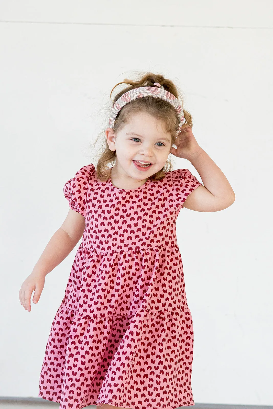 Girl's Pink and Dark Red Hearts Cotton Puff Sleeve Dress