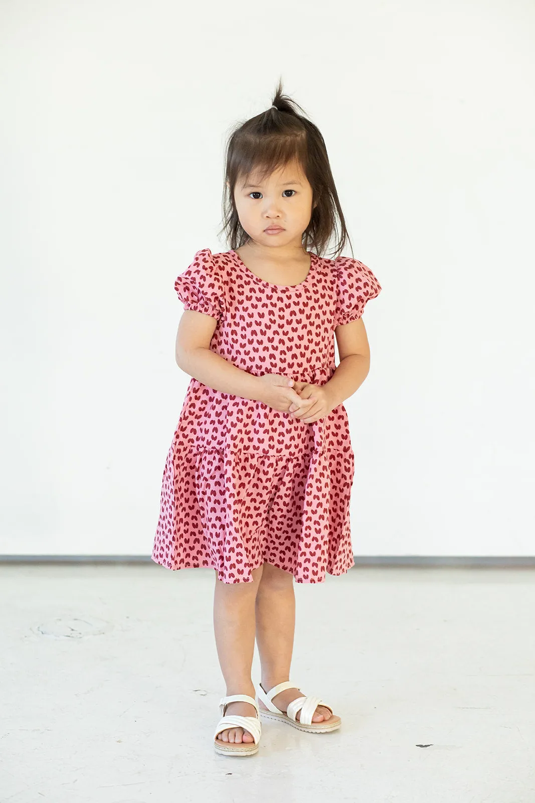 Girl's Pink and Dark Red Hearts Cotton Puff Sleeve Dress