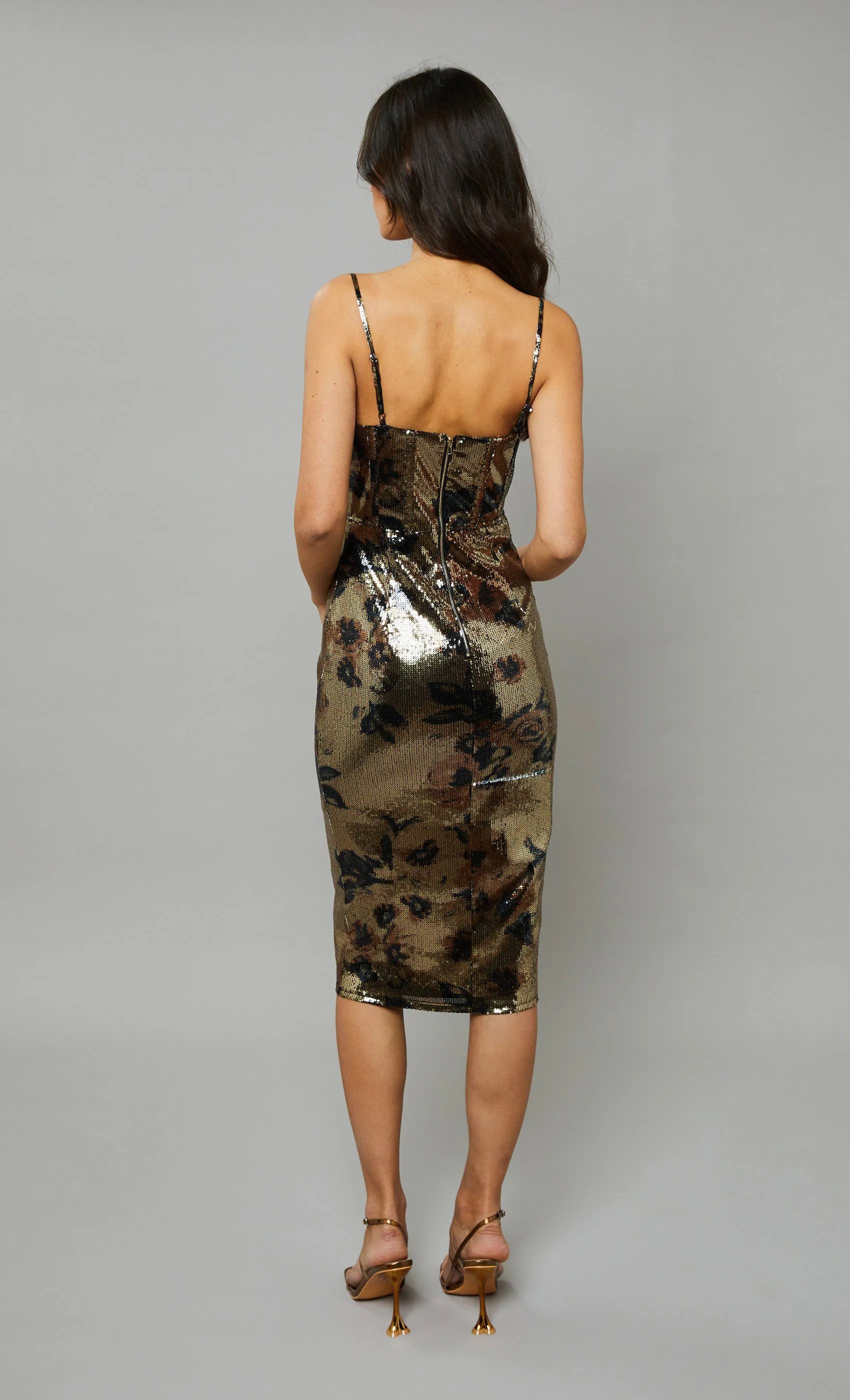 Gold Sequin Floral Corset Midi Dress
