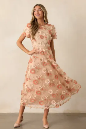 Jumping Ahead Tan Floral Embroidered Midi Dress
