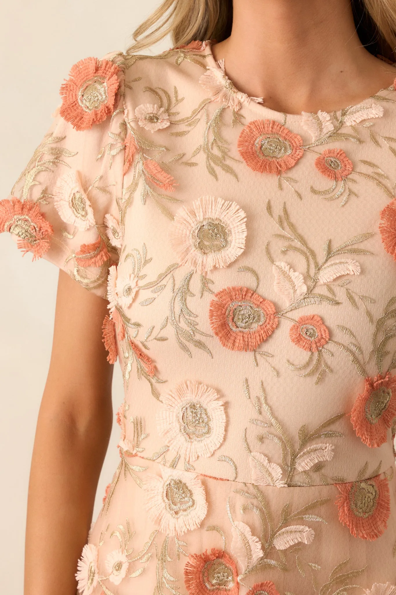 Jumping Ahead Tan Floral Embroidered Midi Dress