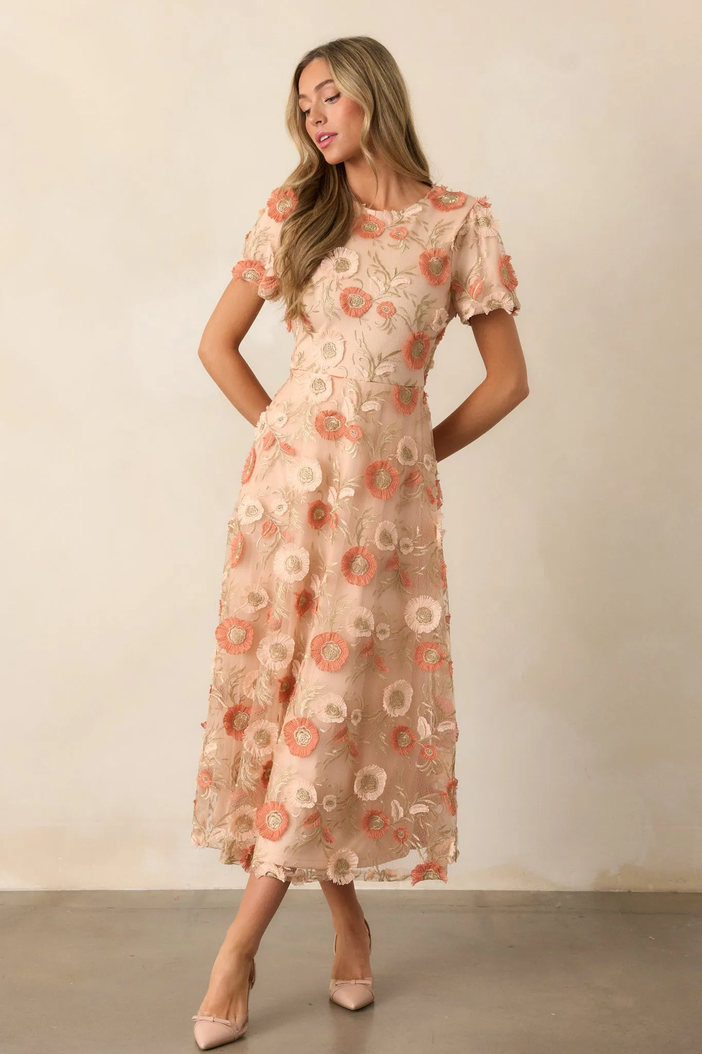 Jumping Ahead Tan Floral Embroidered Midi Dress