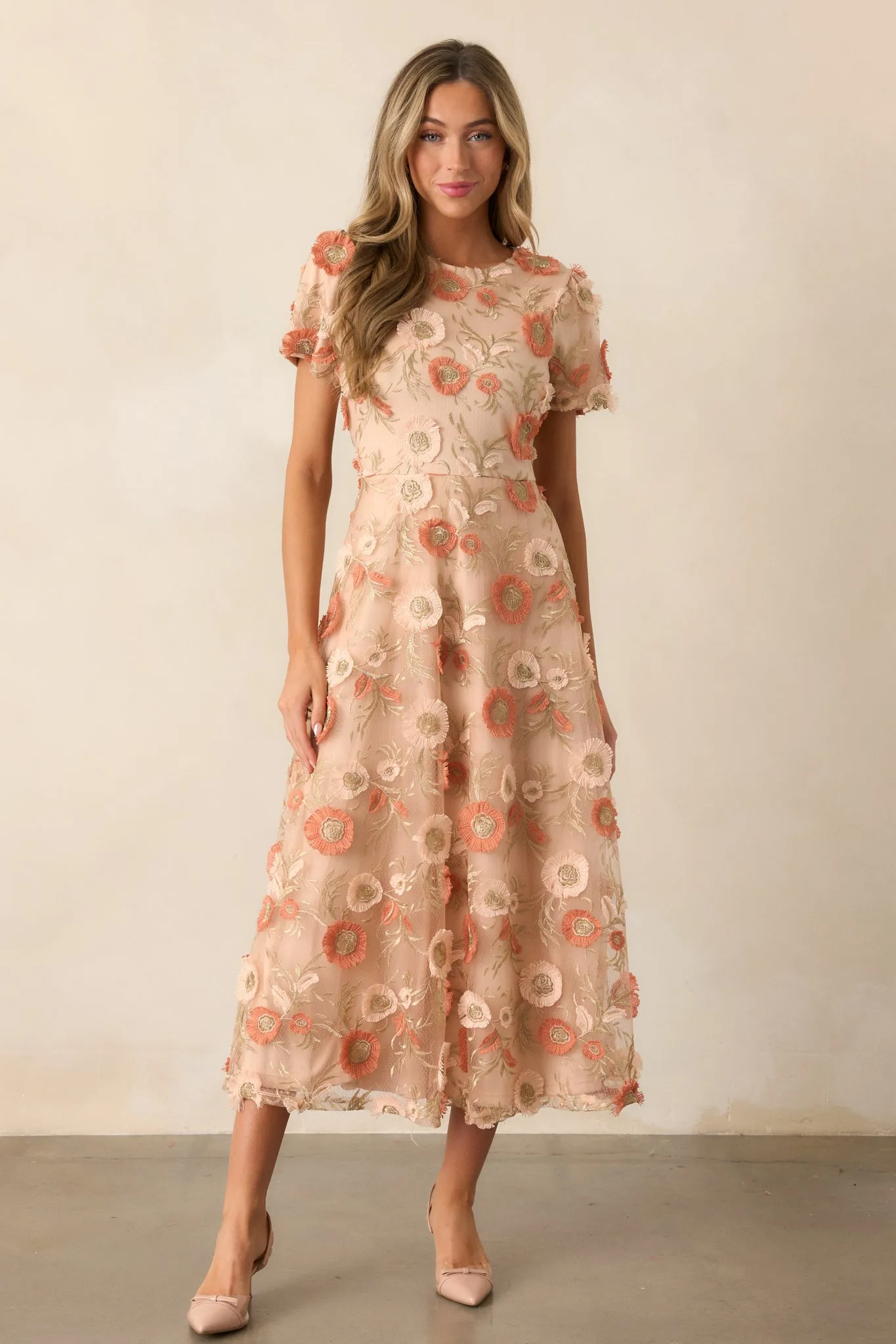 Jumping Ahead Tan Floral Embroidered Midi Dress