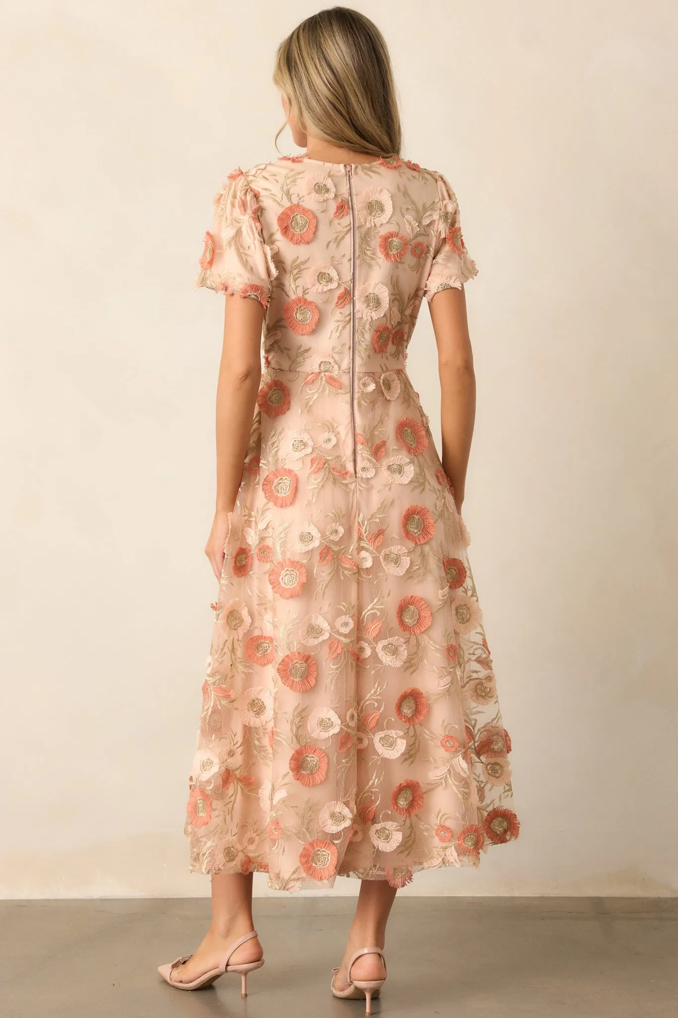 Jumping Ahead Tan Floral Embroidered Midi Dress