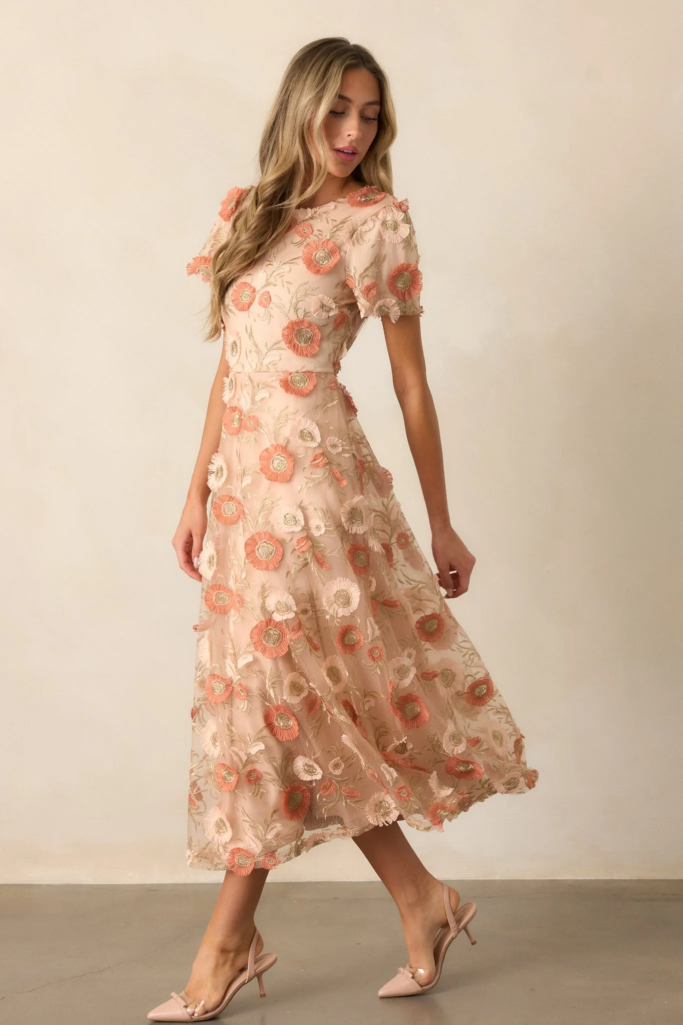 Jumping Ahead Tan Floral Embroidered Midi Dress
