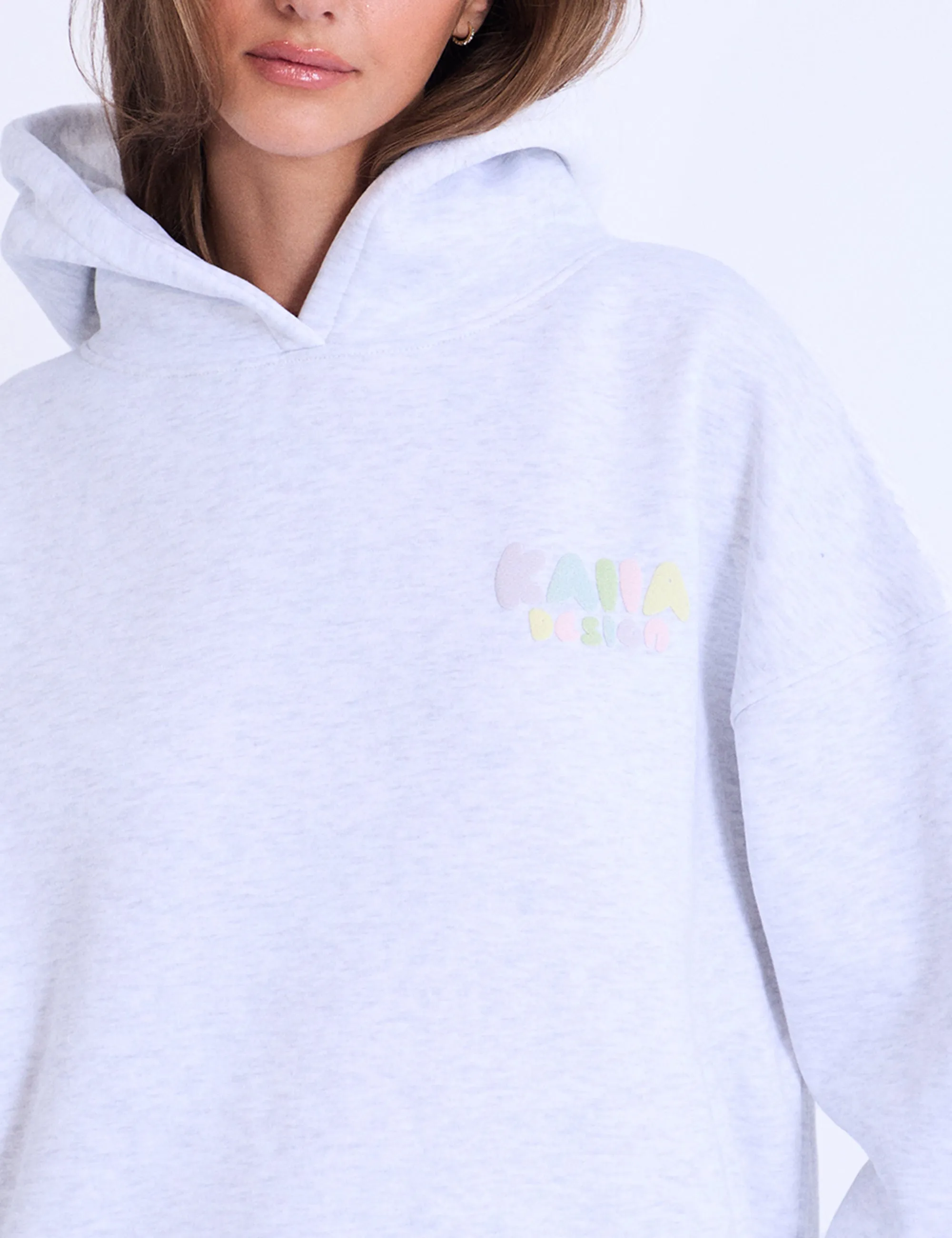 Kaiia Design Bubble Logo Oversized Hoodie in Light Grey Marl & Rainbow