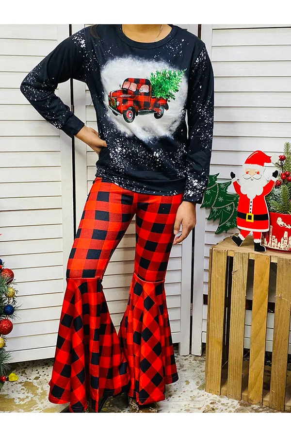 Kids Plaid truck & tree pullover top & bottom 2pc sets XCH0018-1H