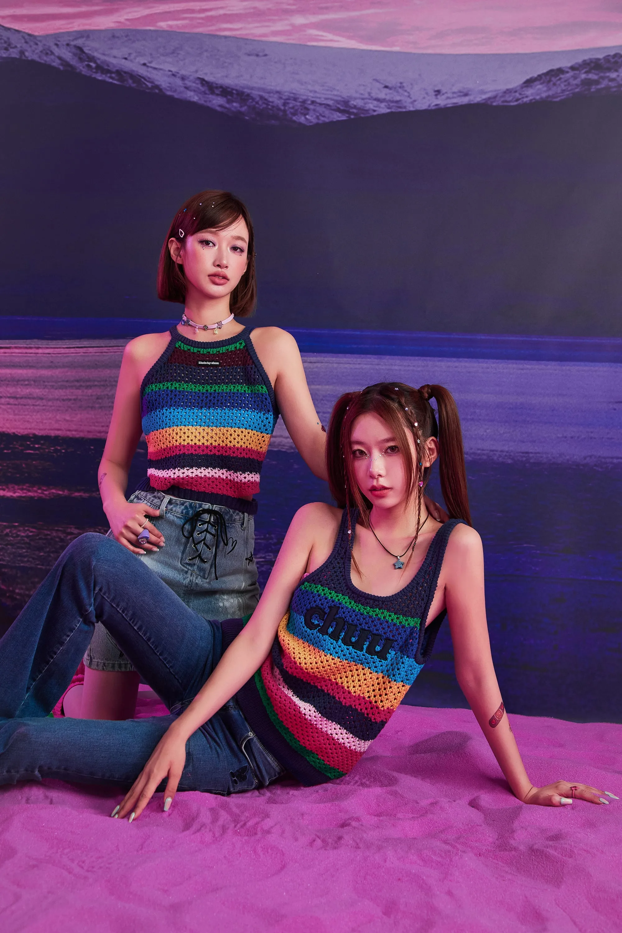 Logo Rainbow Knit Sleeveless U-Neck Top