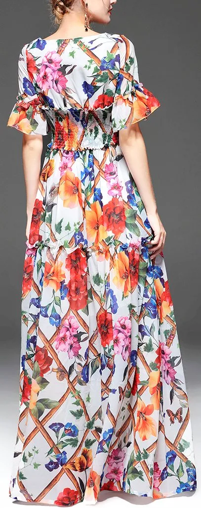 Long Floral Print Ruffle-Trimmed Dress