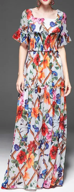 Long Floral Print Ruffle-Trimmed Dress