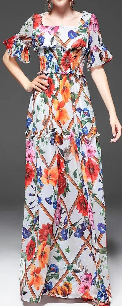 Long Floral Print Ruffle-Trimmed Dress