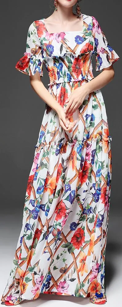 Long Floral Print Ruffle-Trimmed Dress