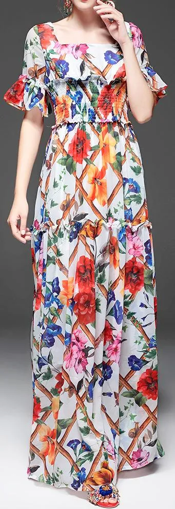 Long Floral Print Ruffle-Trimmed Dress