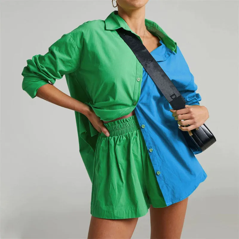 Loose Fit Color Block Long Sleeve Button-Down Blouse With Short Tracksuits