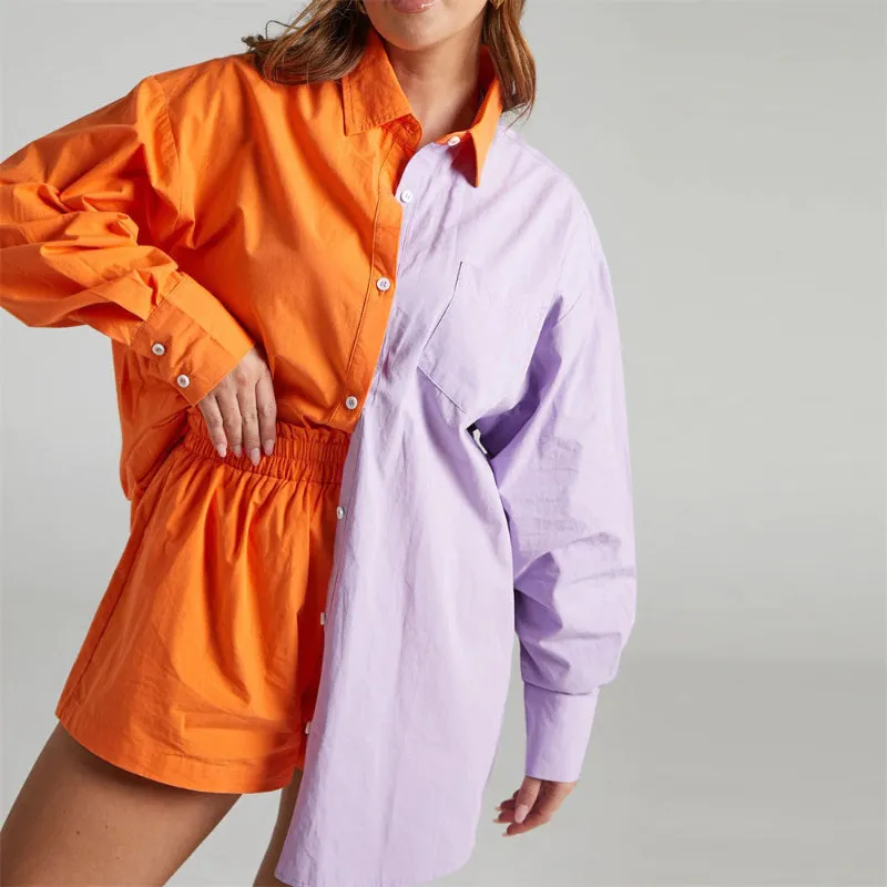 Loose Fit Color Block Long Sleeve Button-Down Blouse With Short Tracksuits