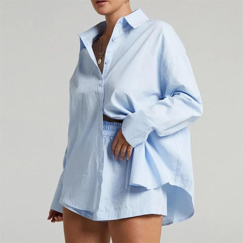 Loose Fit Color Block Long Sleeve Button-Down Blouse With Short Tracksuits