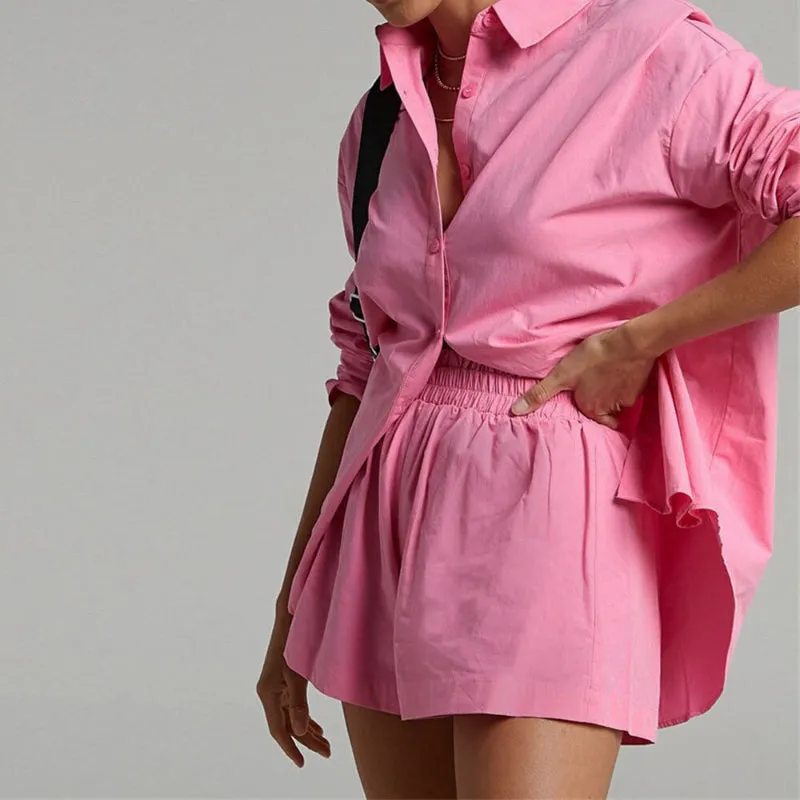 Loose Fit Color Block Long Sleeve Button-Down Blouse With Short Tracksuits
