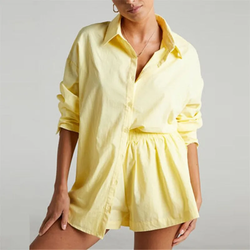 Loose Fit Color Block Long Sleeve Button-Down Blouse With Short Tracksuits