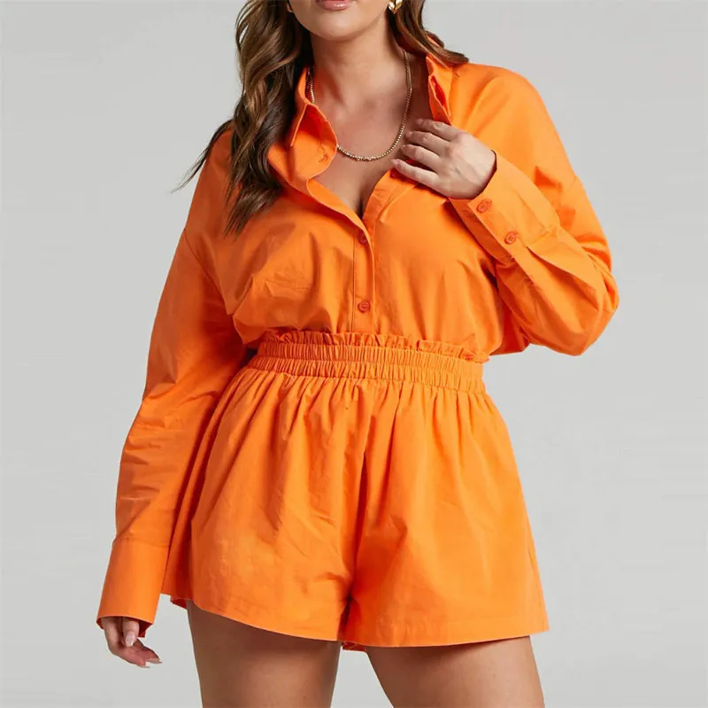Loose Fit Color Block Long Sleeve Button-Down Blouse With Short Tracksuits