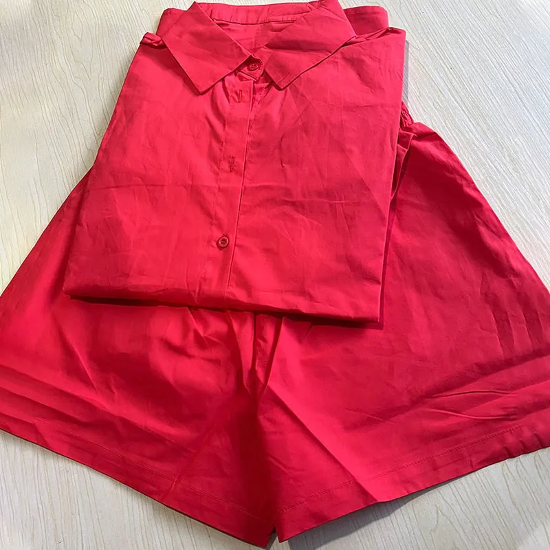 Loose Fit Color Block Long Sleeve Button-Down Blouse With Short Tracksuits