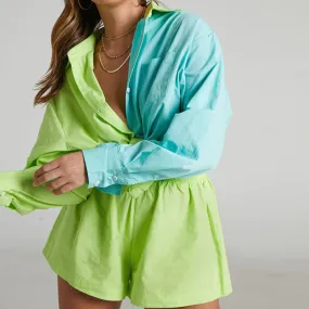 Loose Fit Color Block Long Sleeve Button-Down Blouse With Short Tracksuits