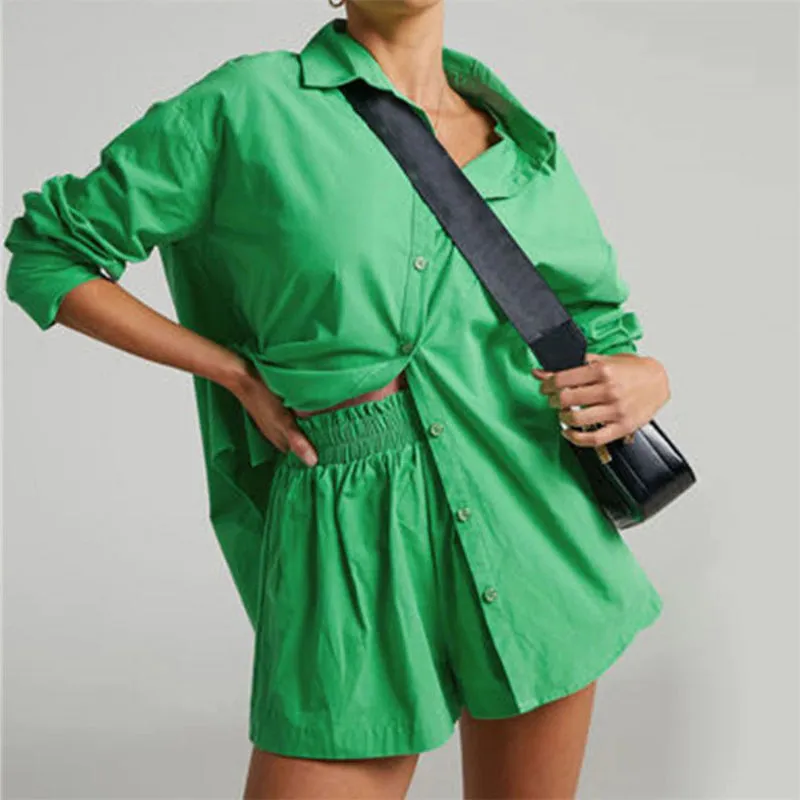 Loose Fit Color Block Long Sleeve Button-Down Blouse With Short Tracksuits