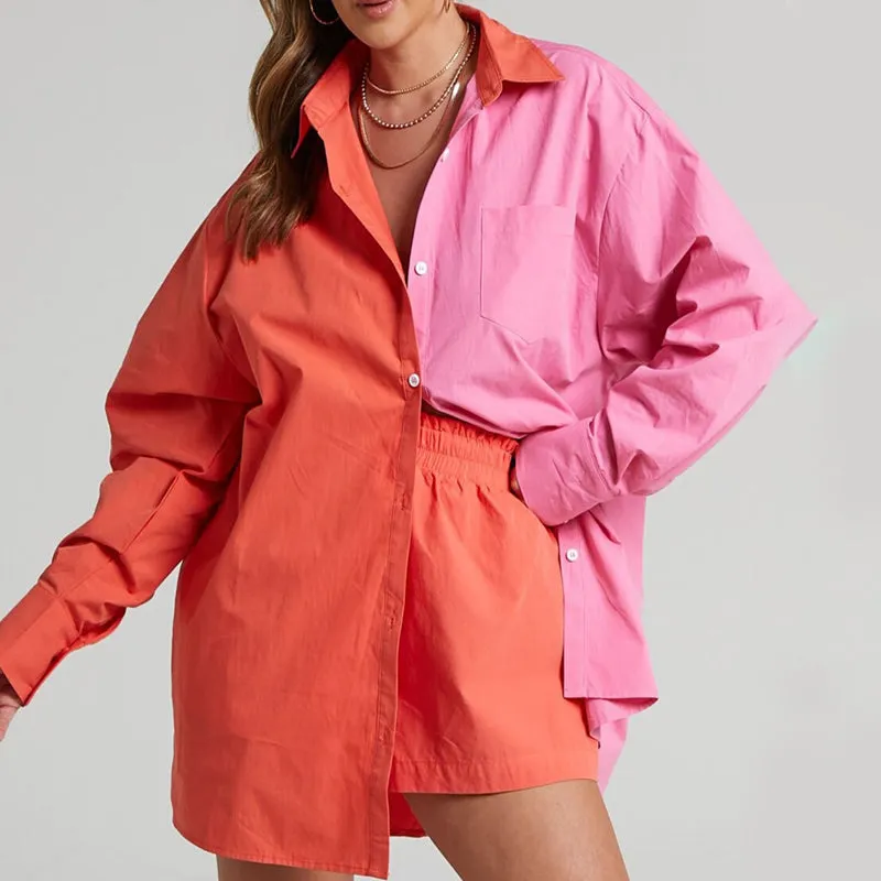 Loose Fit Color Block Long Sleeve Button-Down Blouse With Short Tracksuits