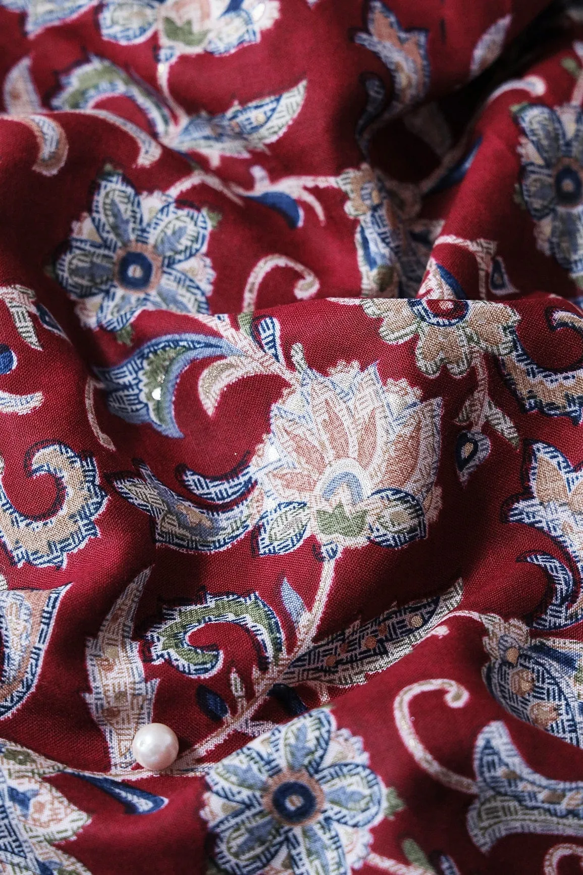 Multi Color Floral Pattern With Foil Print On Maroon Rayon Fabric