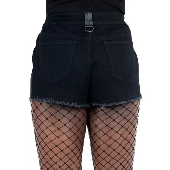 No Excuses Jean Shorts | Black Raw Hem Zip Closure D-rings Pentagram