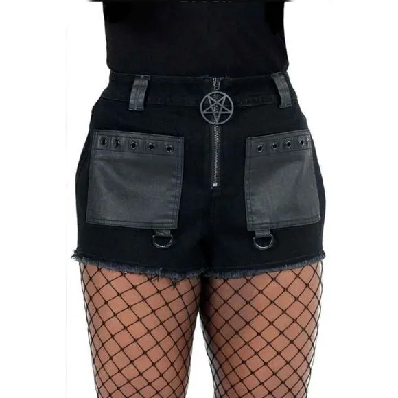 No Excuses Jean Shorts | Black Raw Hem Zip Closure D-rings Pentagram