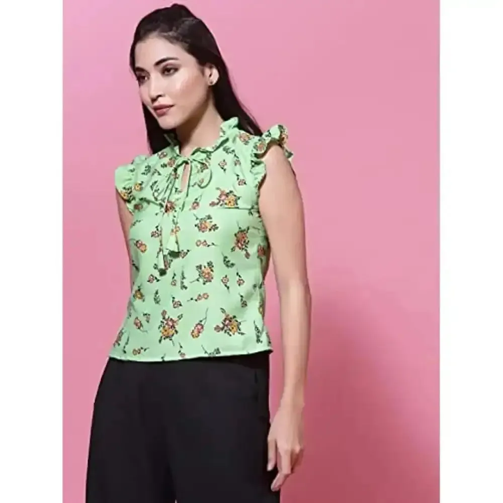 OOMPH! Women's Crepe Printed top with Tie Neck and Ruffle Sleeve