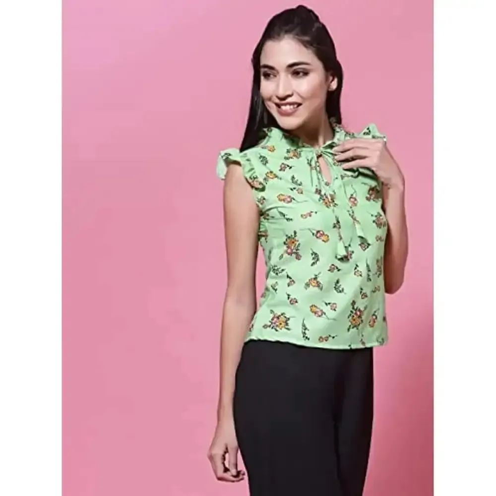 OOMPH! Women's Crepe Printed top with Tie Neck and Ruffle Sleeve