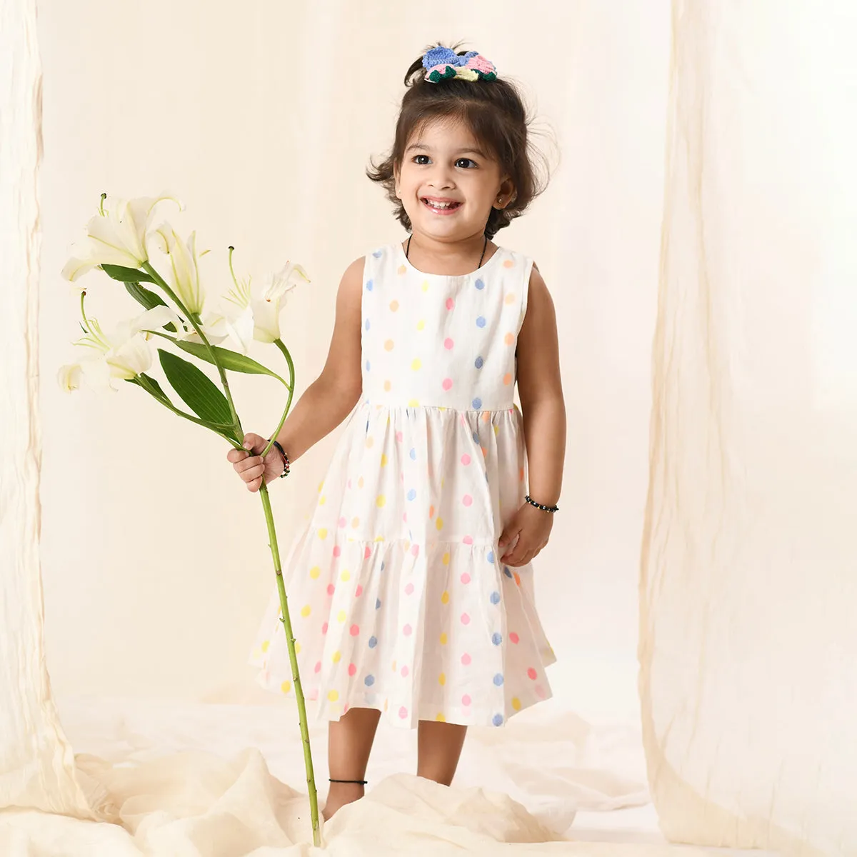Organic Cotton Dress For Girls | Polka Dot | White