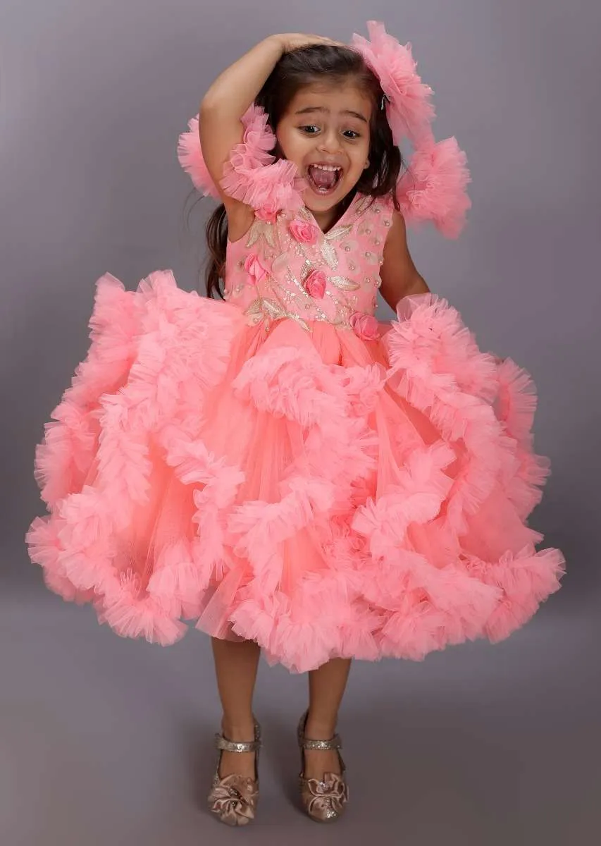 Peach Fancy Ruffle Dress In Net With Embellished 3D Flowers On The Bodice Online - Kalki Fashion
