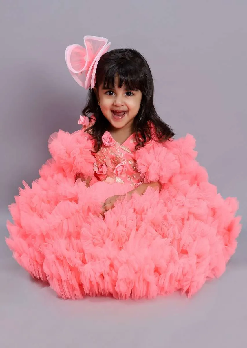 Peach Fancy Ruffle Dress In Net With Embellished 3D Flowers On The Bodice Online - Kalki Fashion