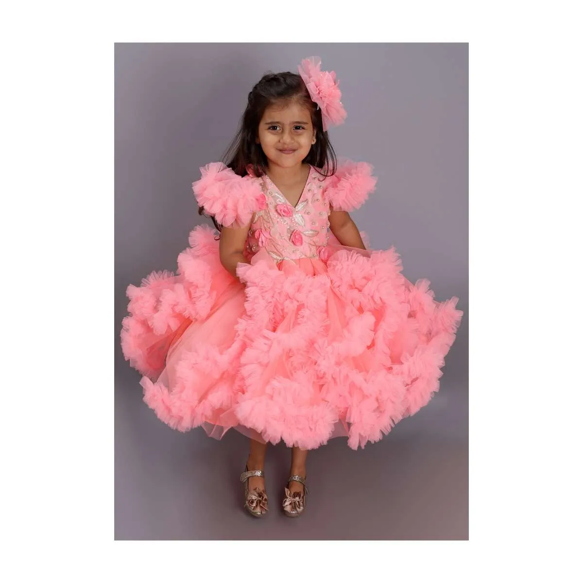 Peach Fancy Ruffle Dress In Net With Embellished 3D Flowers On The Bodice Online - Kalki Fashion