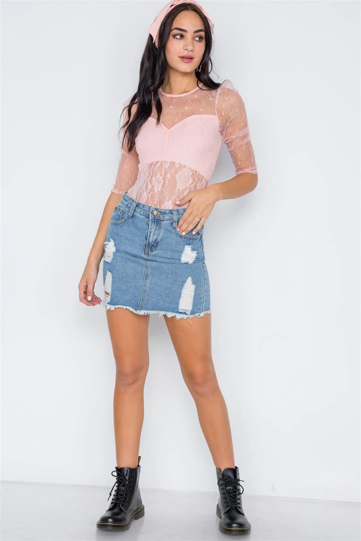 Peach Floral Lace Combo Sheer Evening Bodysuit /2-2-2