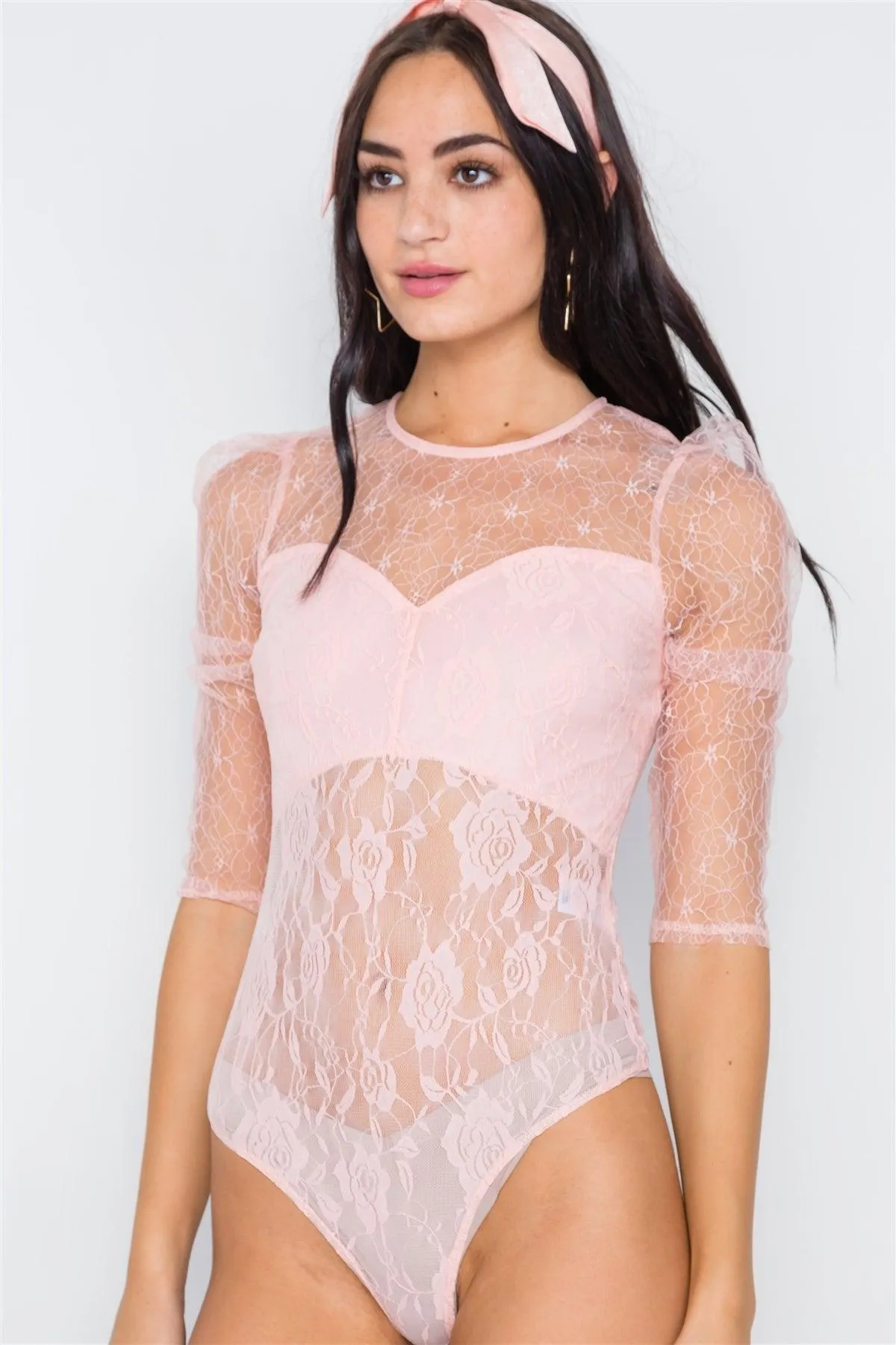 Peach Floral Lace Combo Sheer Evening Bodysuit /2-2-2