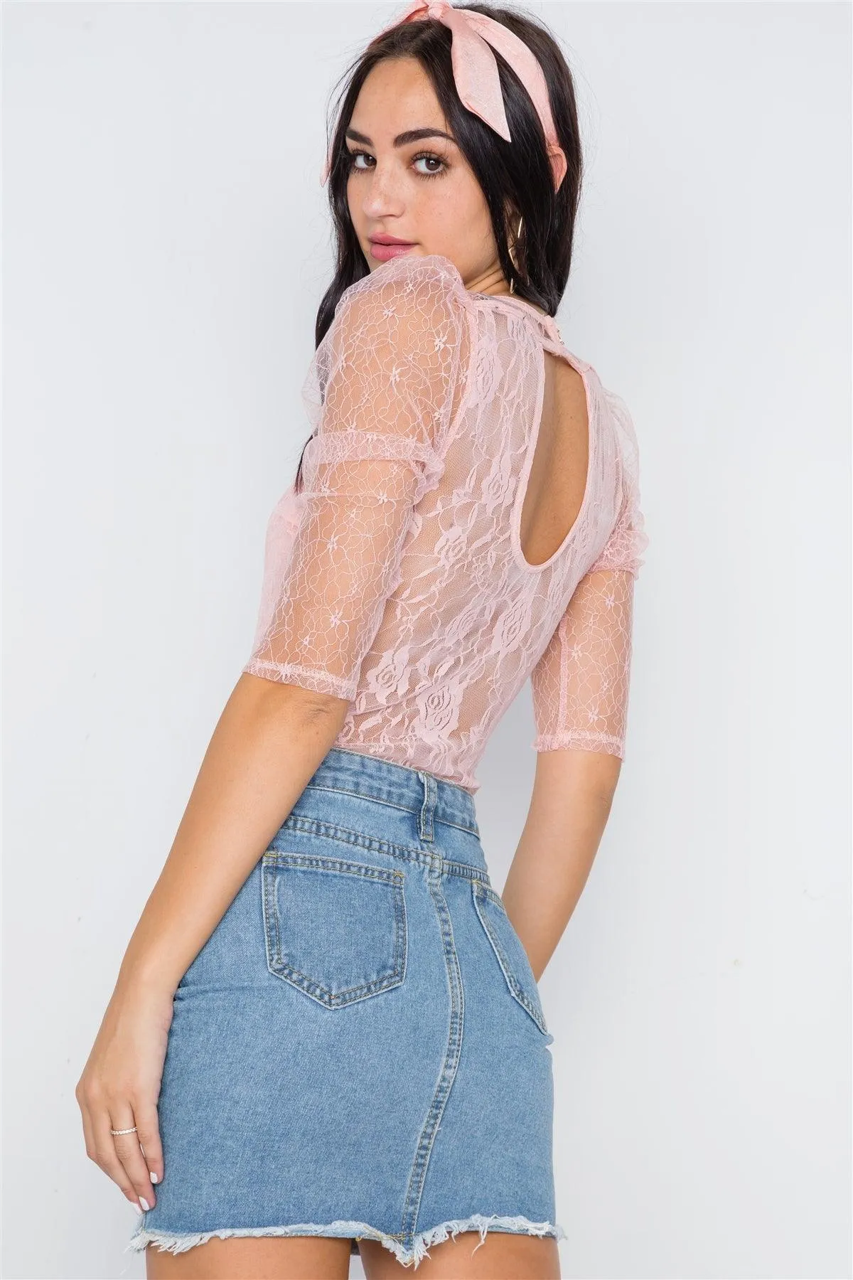 Peach Floral Lace Combo Sheer Evening Bodysuit /2-2-2