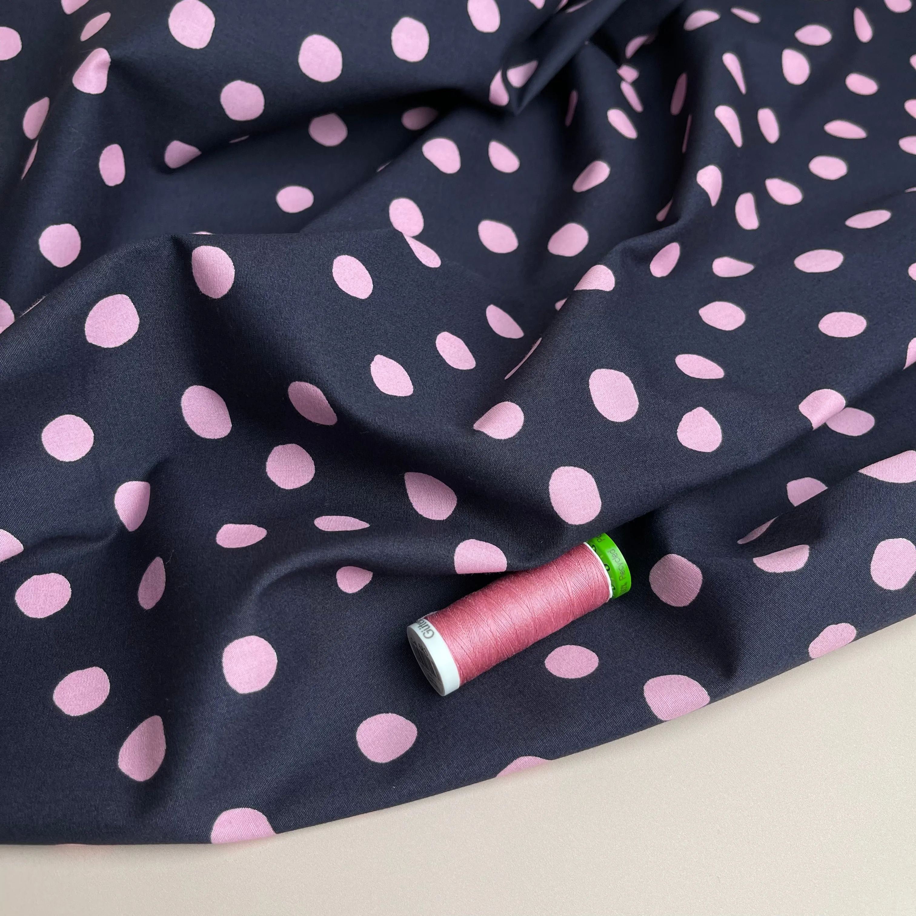 Pink Polka on Midnight Cotton Poplin Fabric