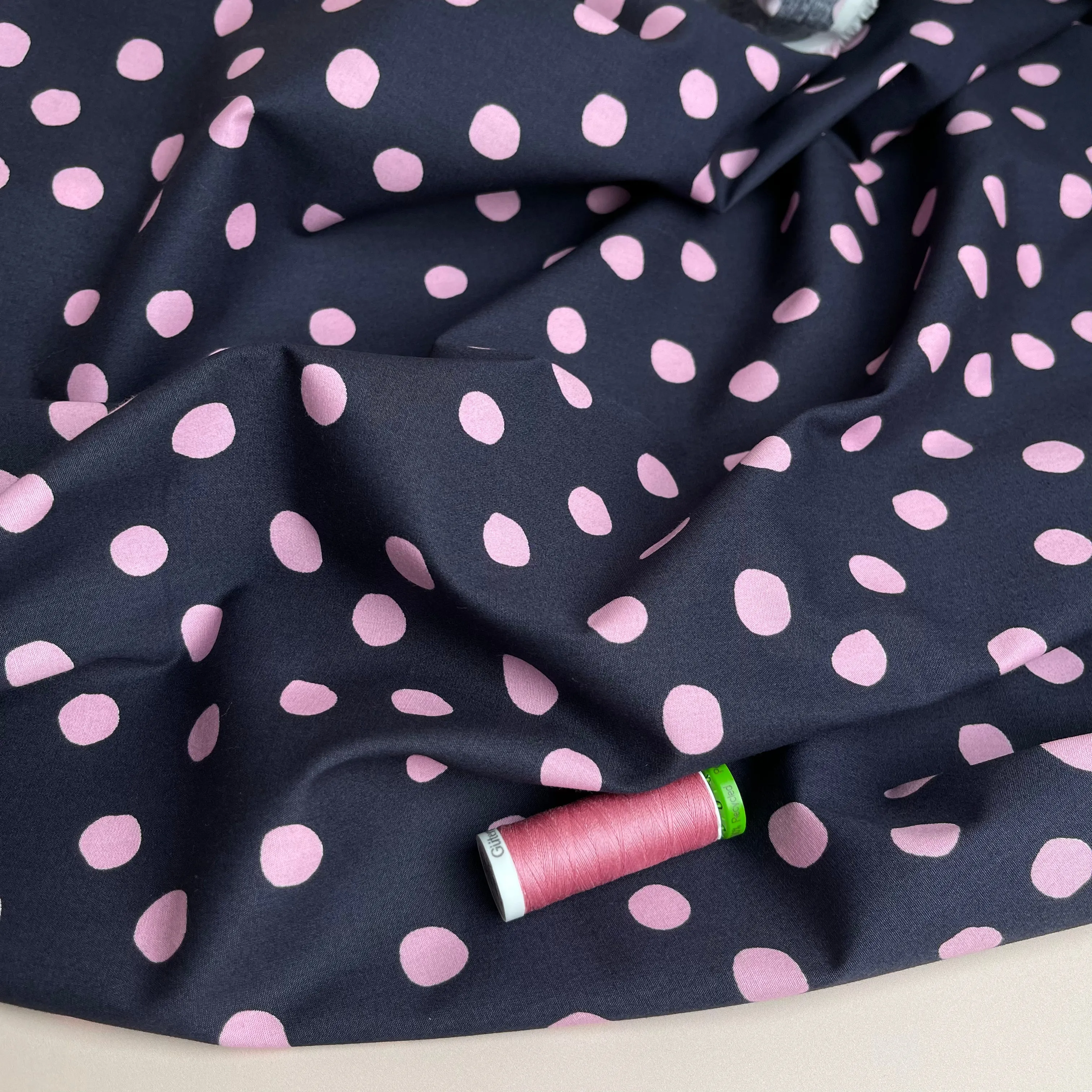 Pink Polka on Midnight Cotton Poplin Fabric