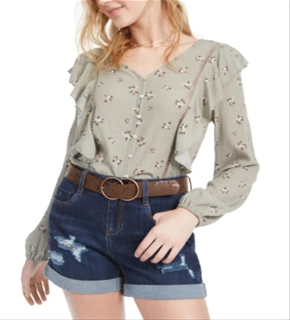 Planet Gold Junior's Floral Ruffle Top Green Size Large