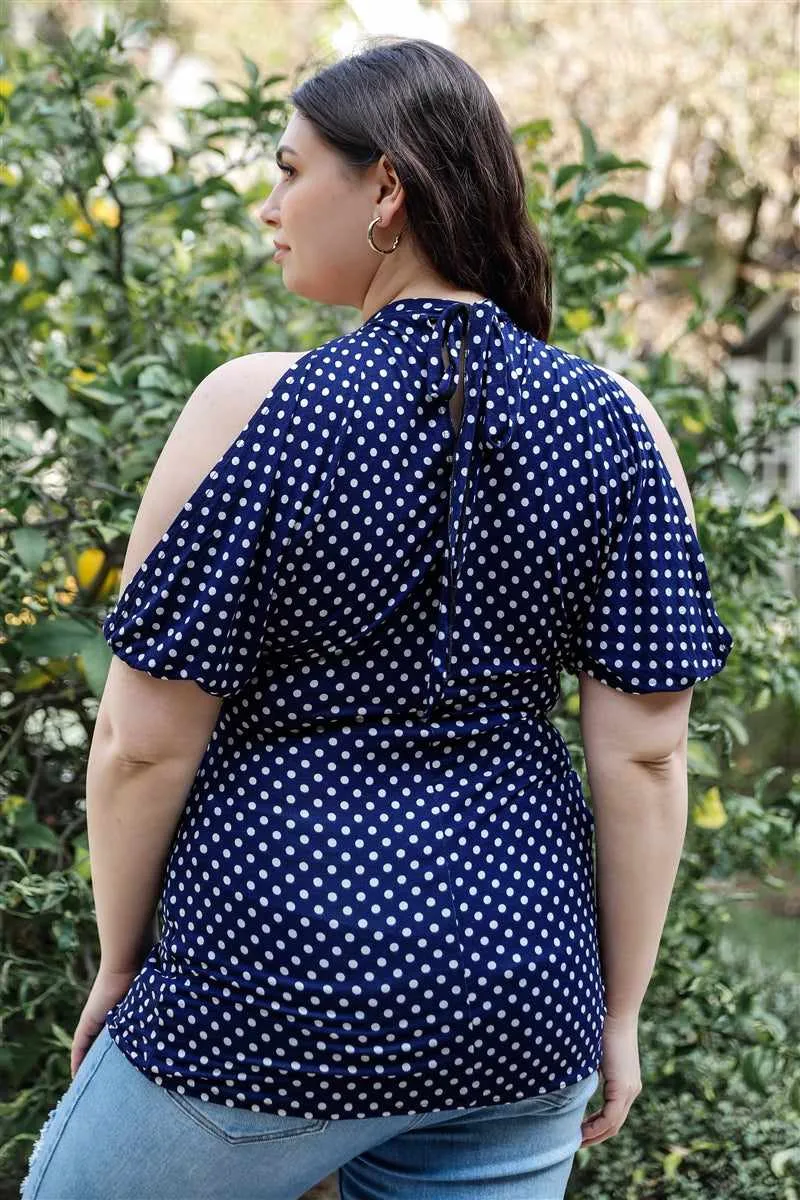 Plus Size Multi Polka Dot Open Shoulder Short Sleeve Blouse